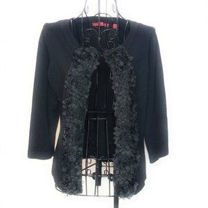 Women Black Open Front Lace Trim Career Work Office Cardigan Blazer Small